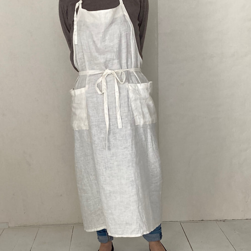 リネン100％カフェエプロンロング白 エプロン アトリエ楚々 通販