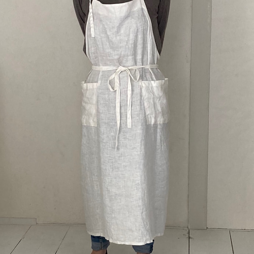 リネン100％カフェエプロンロング白 エプロン アトリエ楚々 通販