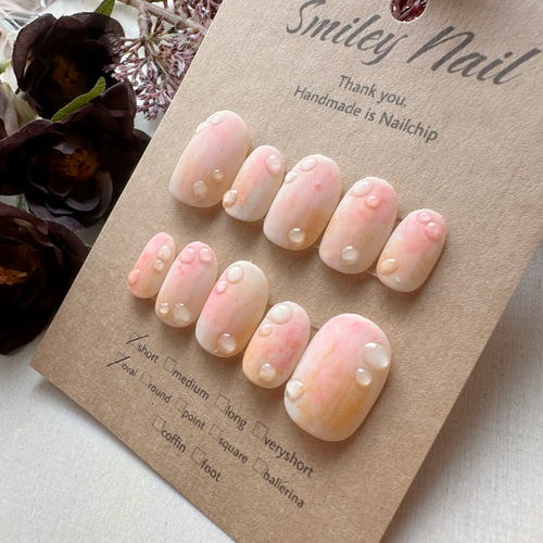 ニュアンスネイル 桃 マーブル ぷっくり 春 ネイルチップ ハンドメイド