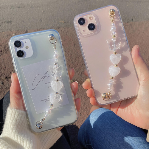 ハート スマホチャーム キーリングハンガー 蝶々ハンドメイド iPhoneケース iPhone】3枚羽蝶々のキーリングハンガー(シルバー) | 【Agu