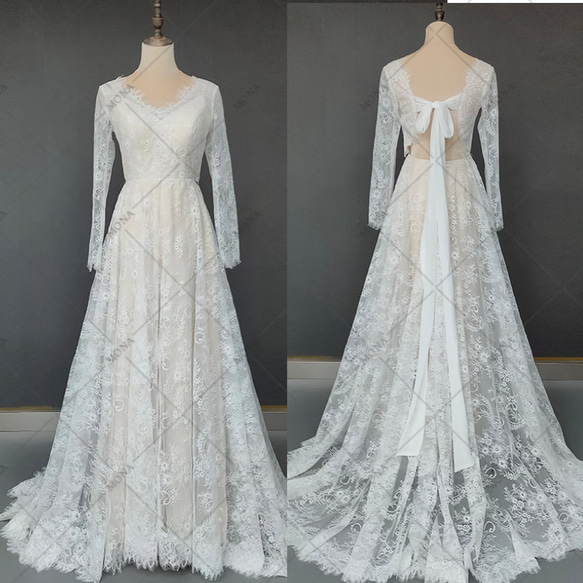 総レースリボン長袖ウェディングドレス結婚式披露宴花嫁前撮り森ガール