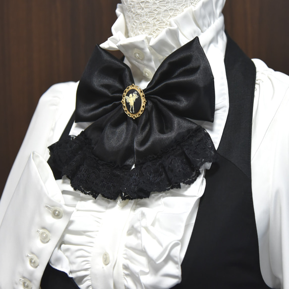 漆黒の妖精｜シックな黒のカメオ風飾り付き2wayリボン／ゴシック