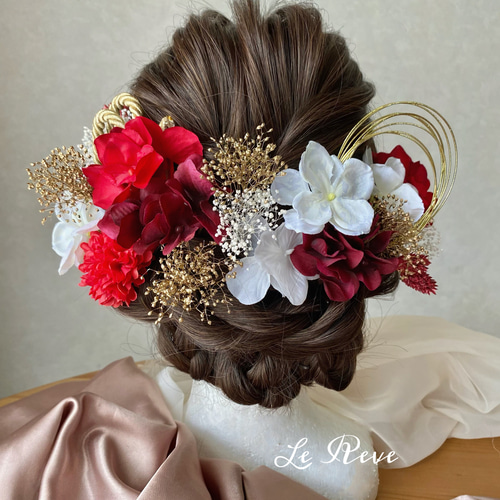 水引×紐リボン赤白髪飾り 成人式 結婚式 卒業式 紅白 振袖 袴 色打掛