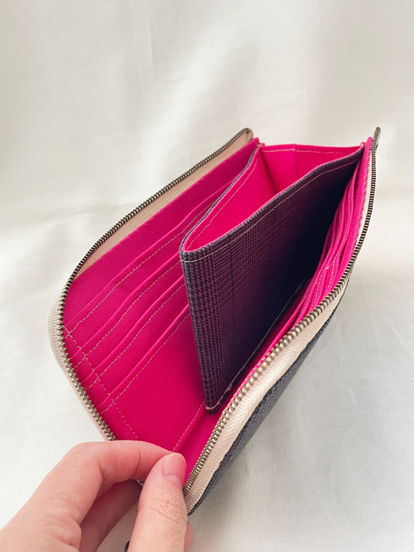 L字ファスナー長財布 グレンチェック×ビビットピンク 薄い 軽い 送料