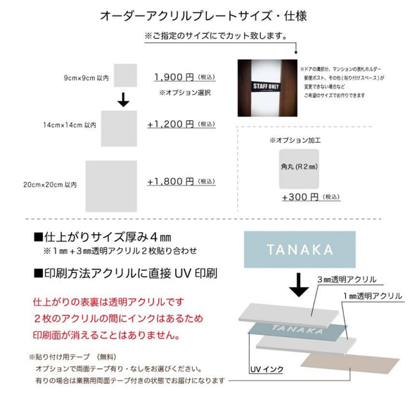 表札　シンプル　サインプレート　アクリルプレート　厚め　4㎜　四角　正方形　【オーダーメイド】【送料無料】 2枚目の画像