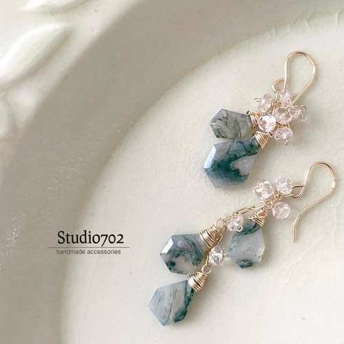 14kgfモスアゲート・モルガナイトのアシンメトリーピアス ピアス