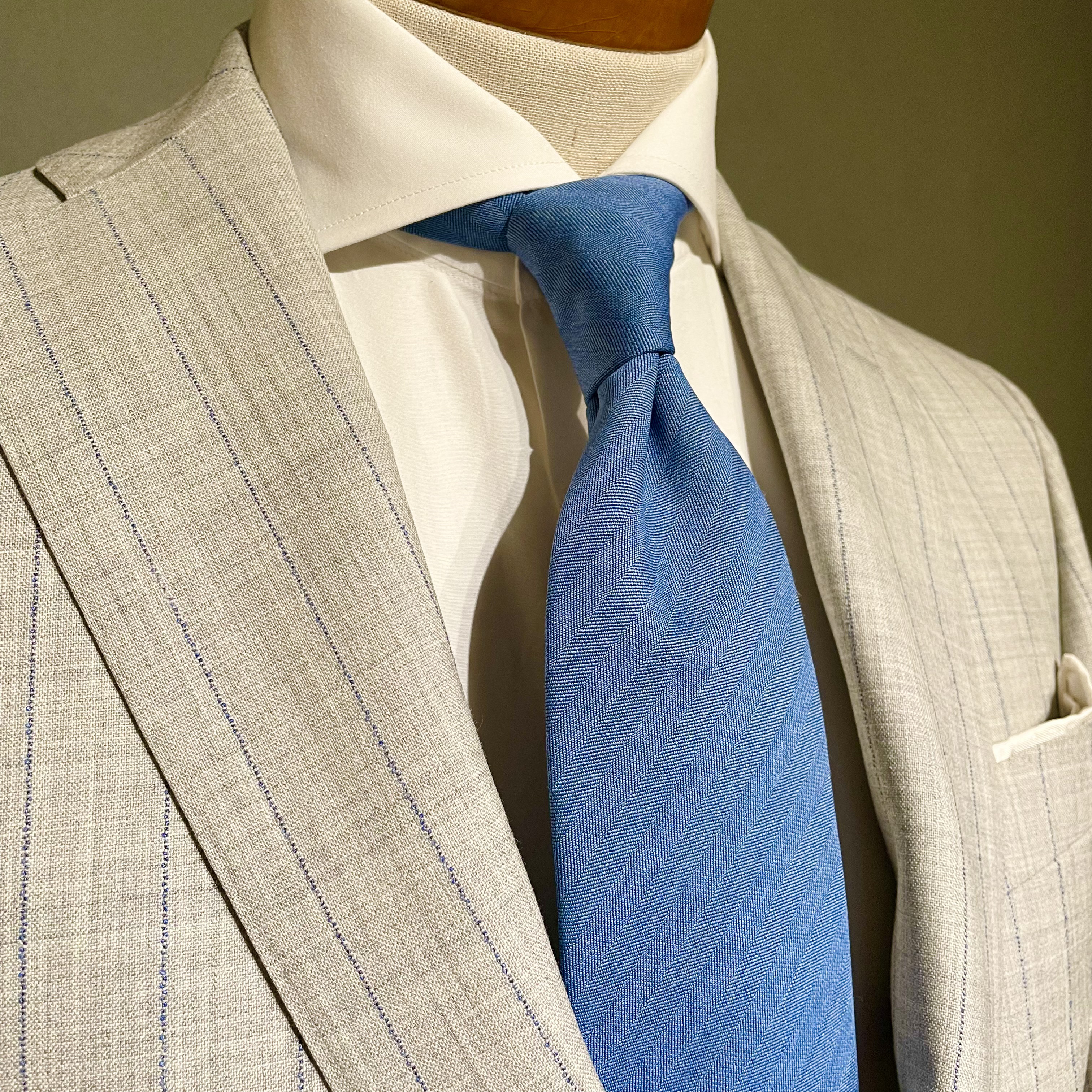 【受注製作】ナポリブルー／ストライプ／イタリア生地／プレゼント／ネクタイ【別途】メッセージ・イニシャル刺繍オーダー