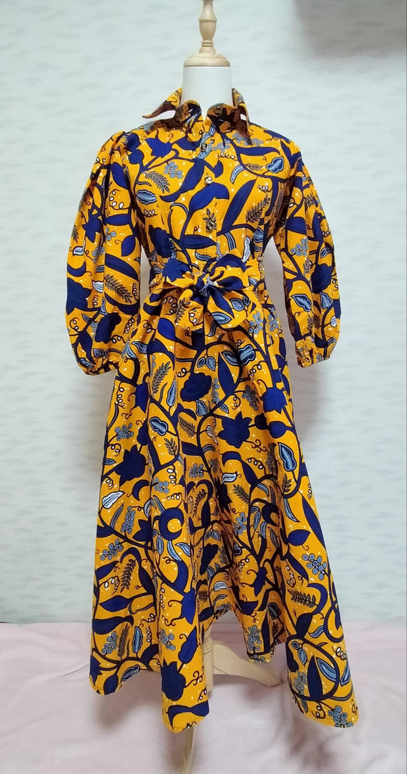 ☆發售☆ 全球僅此一件非洲布料！藍花長袖長連身裙 第8張的照片