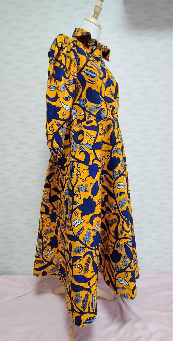 ☆發售☆ 全球僅此一件非洲布料！藍花長袖長連身裙 第5張的照片