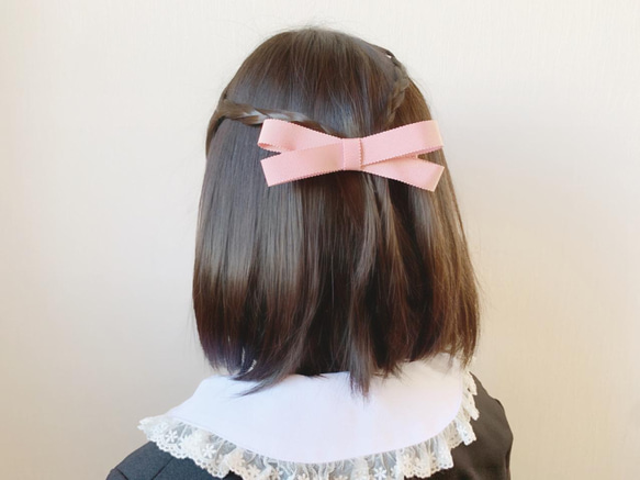 親子でおそろい♡高品質 日本製 グログランリボンのヘアクリップ　くすみピンク　ワイドリボン 5枚目の画像