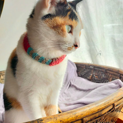 金具を使わない！猫ちゃんにやさしい毛糸の首輪 / 猫の首輪 (ピンク × 緑) 白 8枚目の画像