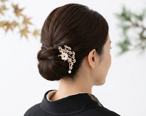 白蝶貝シェル花と松枝のかんざし U字ORヘアクリップ ヘアアクセサリー