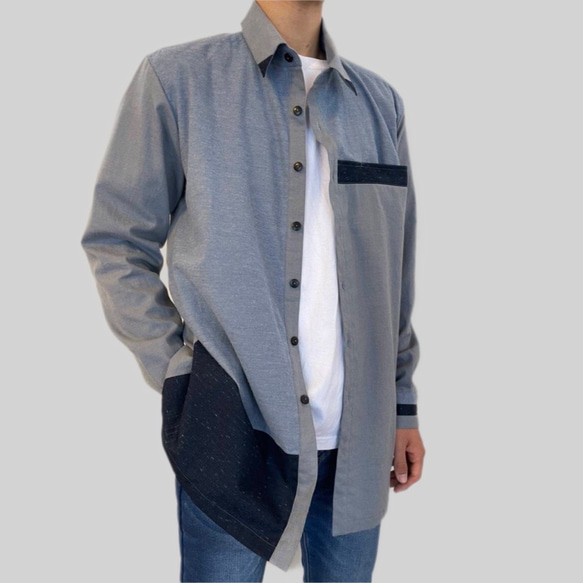 アシンメトリー スクエアモチーフ メンズシャツ 昭和レトロ ヴィンテージ 紺 白 メンズシャツ アシンメトリー 和柄 アクセント シャツ シャツ