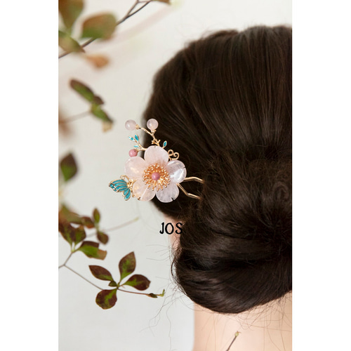 天然石ローズクォーツのお花と蝶のかんざし 二本挿し 桃の花