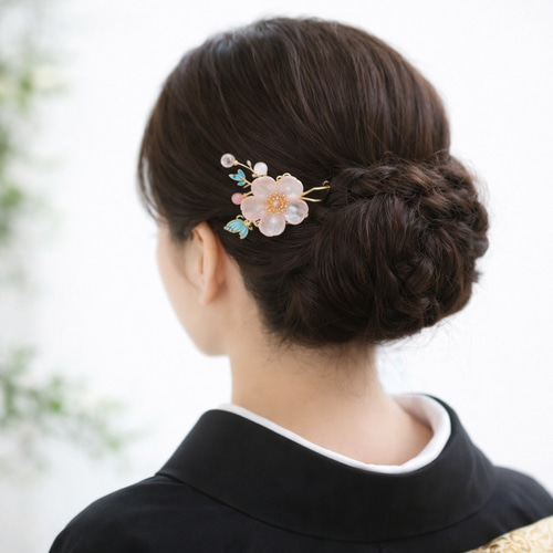 天然石ローズクォーツのお花と蝶のかんざし 二本挿し 桃の花 かんざし
