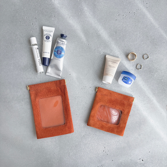 ″本革　スエード　クリアー　ポーチ″ オレンジ　Sサイズ　ピッグスエード　シンプル　小物入れ　秋　冬　クリスマス 8枚目の画像