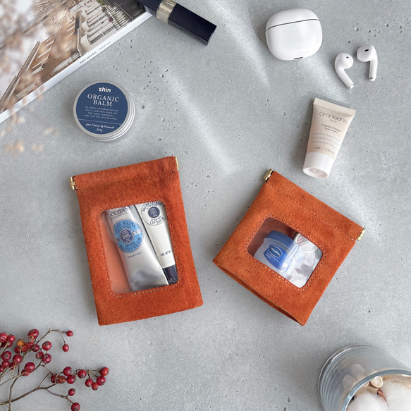 ″本革　スエード　クリアー　ポーチ″ オレンジ　Sサイズ　ピッグスエード　シンプル　小物入れ　秋　冬　クリスマス 9枚目の画像