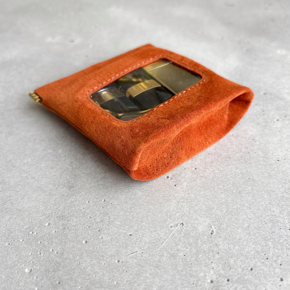 ″本革　スエード　クリアー　ポーチ″ オレンジ　Sサイズ　ピッグスエード　シンプル　小物入れ　秋　冬　クリスマス 3枚目の画像