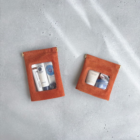 ″本革　スエード　クリアー　ポーチ″ オレンジ　Sサイズ　ピッグスエード　シンプル　小物入れ　秋　冬　クリスマス 7枚目の画像