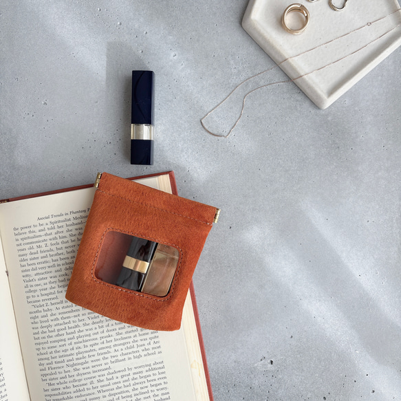 ″本革　スエード　クリアー　ポーチ″ オレンジ　Sサイズ　ピッグスエード　シンプル　小物入れ　秋　冬　クリスマス 6枚目の画像