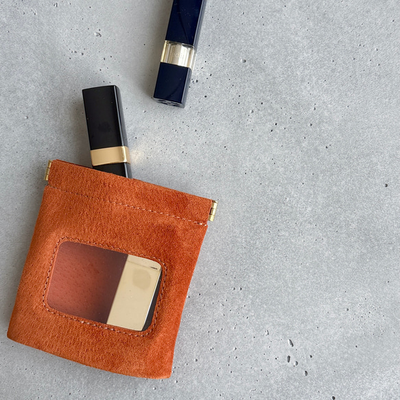 ″本革　スエード　クリアー　ポーチ″ オレンジ　Sサイズ　ピッグスエード　シンプル　小物入れ　秋　冬　クリスマス 2枚目の画像
