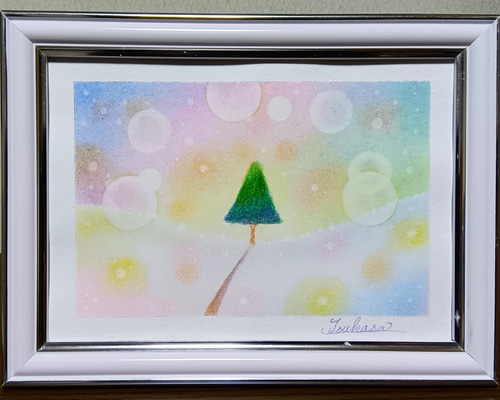 パステルアート 虹色の希望の空と希望の木 パステル画原画 絵画 T's