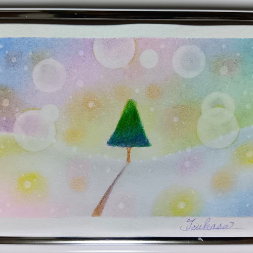 パステルアート 虹色の希望の空と希望の木 パステル画原画 絵画 T's