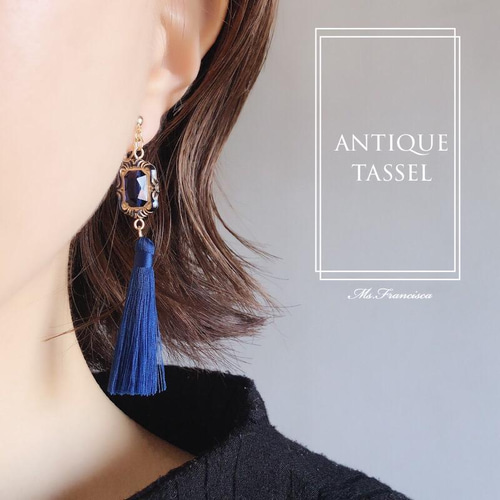 再販7　フリンジ　白　ブルー　ピアス　イヤリング　タッセル　ハンドメイド 再販】ジュエリー タッセル col.レイニーブルー【ピアス/イヤリング