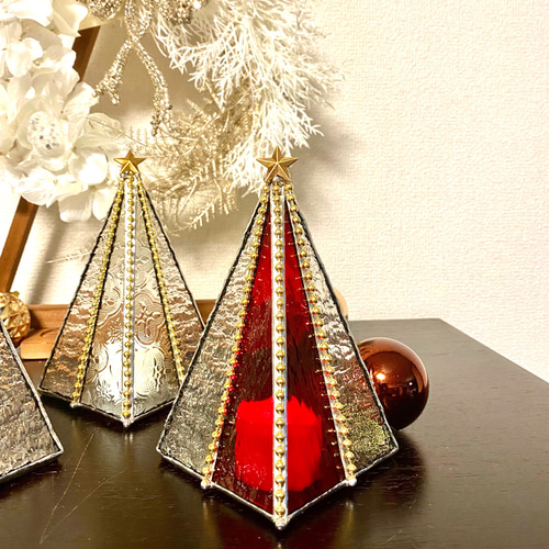 ♢ガラスのクリスマスツリー♢レッド&クリアーS♢ステンドグラス