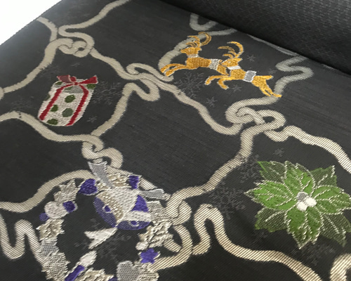 京都 西陣織 クリスマス 帯 正絹 ダークグレー 和装小物（帯・半襟