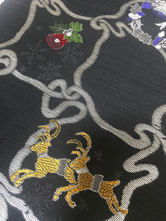 京都　西陣織　クリスマス　帯　正絹　ダークグレー 8枚目の画像