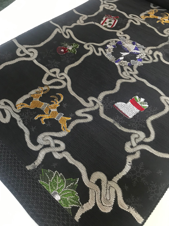 京都　西陣織　クリスマス　帯　正絹　ダークグレー 4枚目の画像