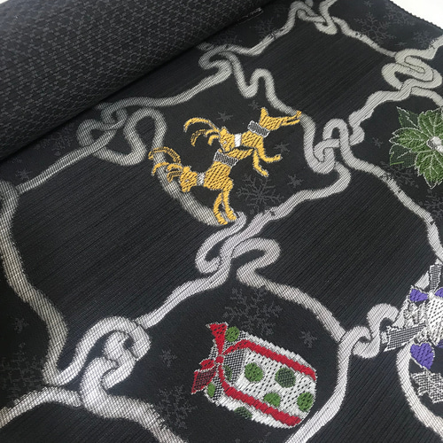 京都 西陣織 クリスマス 帯 正絹 ダークグレー 和装小物（帯・半襟