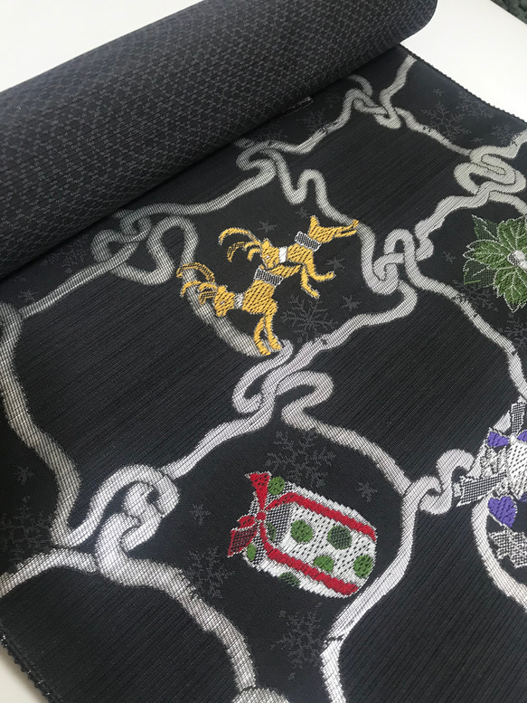 京都　西陣織　クリスマス　帯　正絹　ダークグレー 5枚目の画像