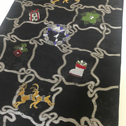 京都 西陣織 クリスマス 帯 正絹 ダークグレー 和装小物（帯・半襟