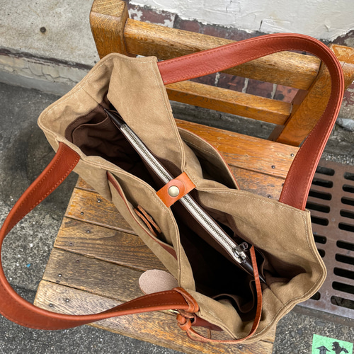お値下☆ハンドメイド 帆布 タンニン染め トートバッグ tanton-mini：タン（タンニン染め帆布×イタリアンレザートート