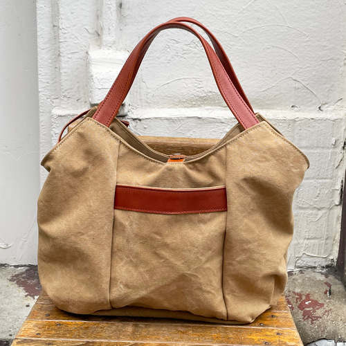 お値下☆ハンドメイド 帆布 タンニン染め トートバッグ tanton-mini：タン（タンニン染め帆布×イタリアンレザートート