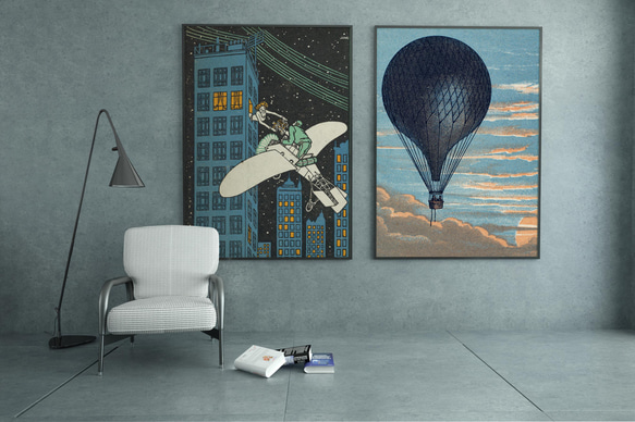【NO.277】青色の気球と夕日ヴィンテージイラストポスター☆レトロノスタルジー個性的スタイリッシュモダンアートA3A2 7枚目の画像