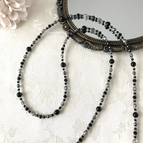 一連 クラシカルロングネックレス 黒 ブラック チェコガラス ビーズ