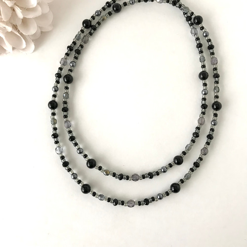 一連 クラシカルロングネックレス 黒 ブラック チェコガラス ビーズ