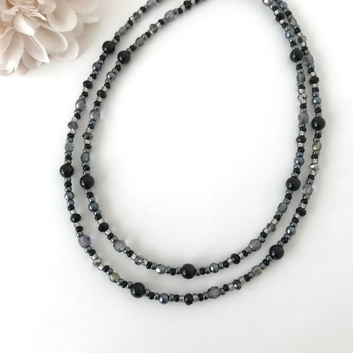 一連 クラシカルロングネックレス 黒 ブラック チェコガラス