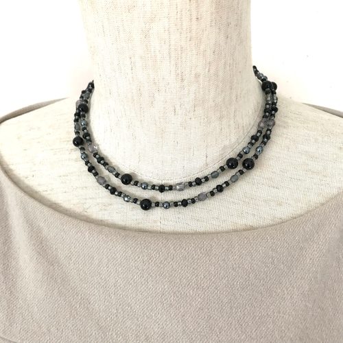 一連 クラシカルロングネックレス 黒 ブラック チェコガラス ビーズ