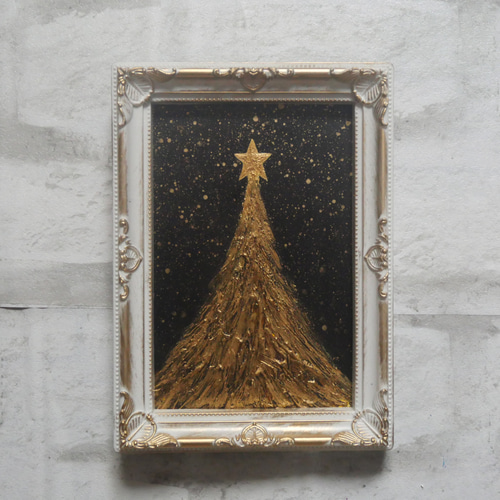 油絵 油彩 油彩画 絵 絵画 ミニ絵画【黄金クリスマスツリー】 油絵 油彩 油彩画 絵 絵画 ミニ絵画【黄金クリスマスツリー