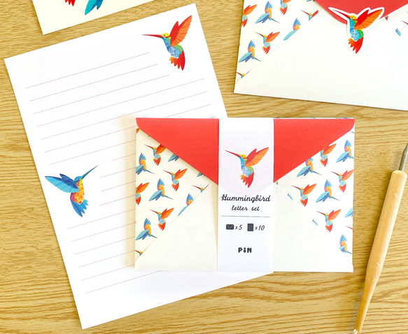 ハチドリのレターセット（シール付）洋2封筒 A5便箋 手紙 お礼状 ファンレター 動物 鳥 おしゃれ 可愛い 1枚目の画像