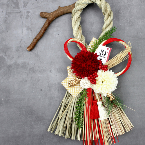 お正月2026】☆再販☆*綺麗なマム水引きお正月しめ縄飾りリース しめ縄