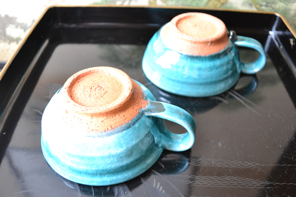 【再入荷！】　ターコイズブルー　スープカップ2個組　＊小鉢　スープ皿　★萩焼き 4枚目の画像