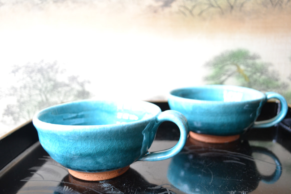 【再入荷！】　ターコイズブルー　スープカップ2個組　＊小鉢　スープ皿　★萩焼き 5枚目の画像