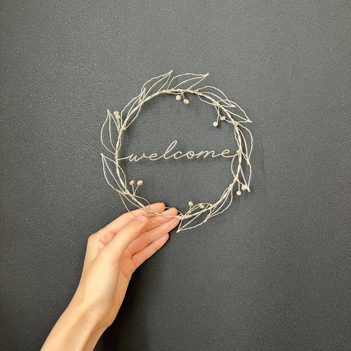 welcome入り葉っぱと木の実のリース / ワイヤーアート リース 壁飾り