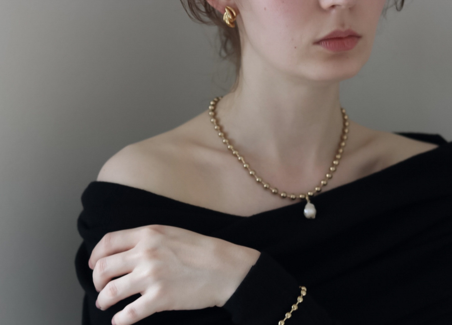 【ネックレス＆ブレスレット 】2way baroque pearl ball chain 2点セット