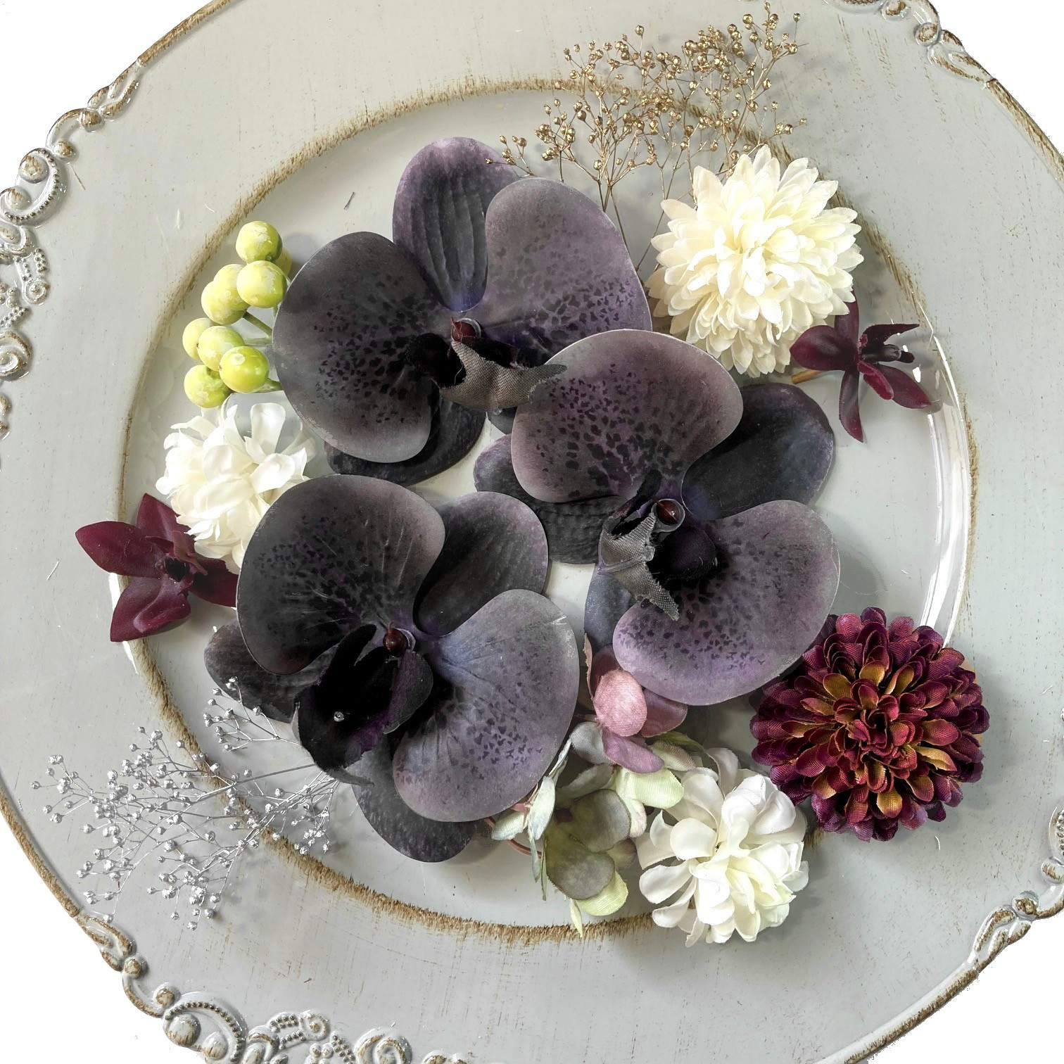 グレーパープル 胡蝶蘭 と マム  髪飾り　～ 結婚式　成人式　ドレス　着物　グレイ